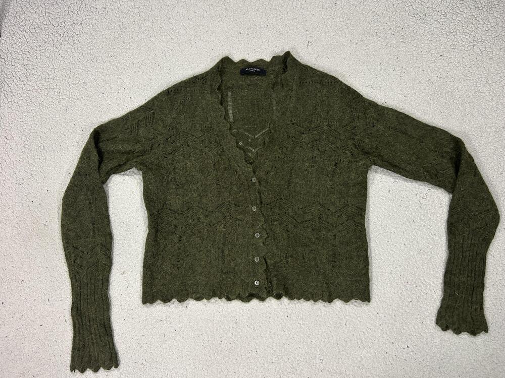 AllSaints Sweater Cardigan Womens Large Green Cropped Open Knit Alpaca Wool